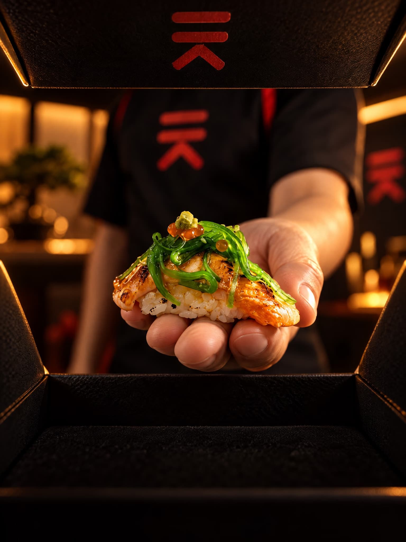 Una mano ofrece un nigiri de salmón con alga wakame y huevas, saliendo de una caja negra de Ikigai