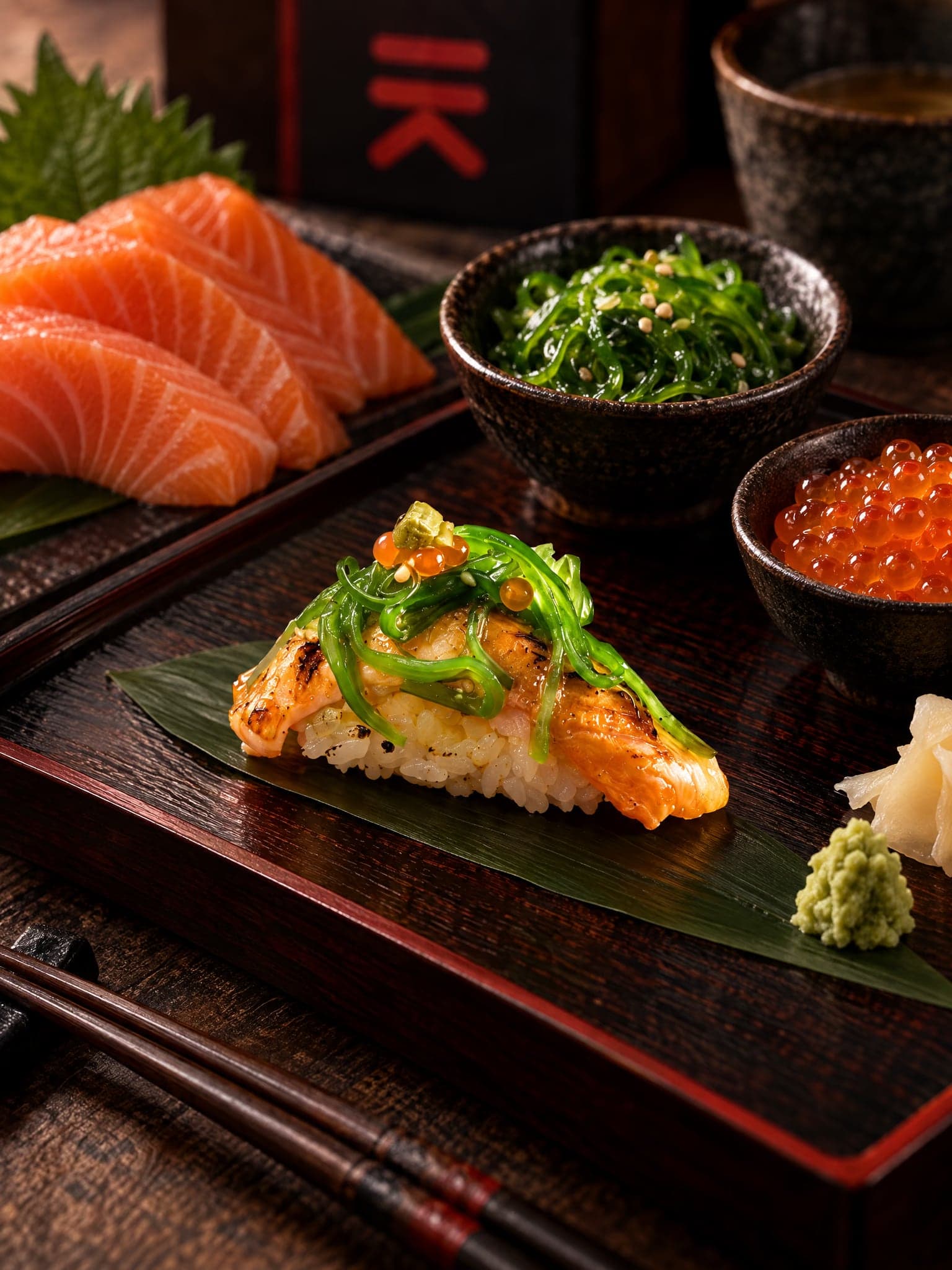 Nigiri de salmón flambeado con alga wakame y huevas, junto a láminas de salmón y cuencos de wakame y huevas
